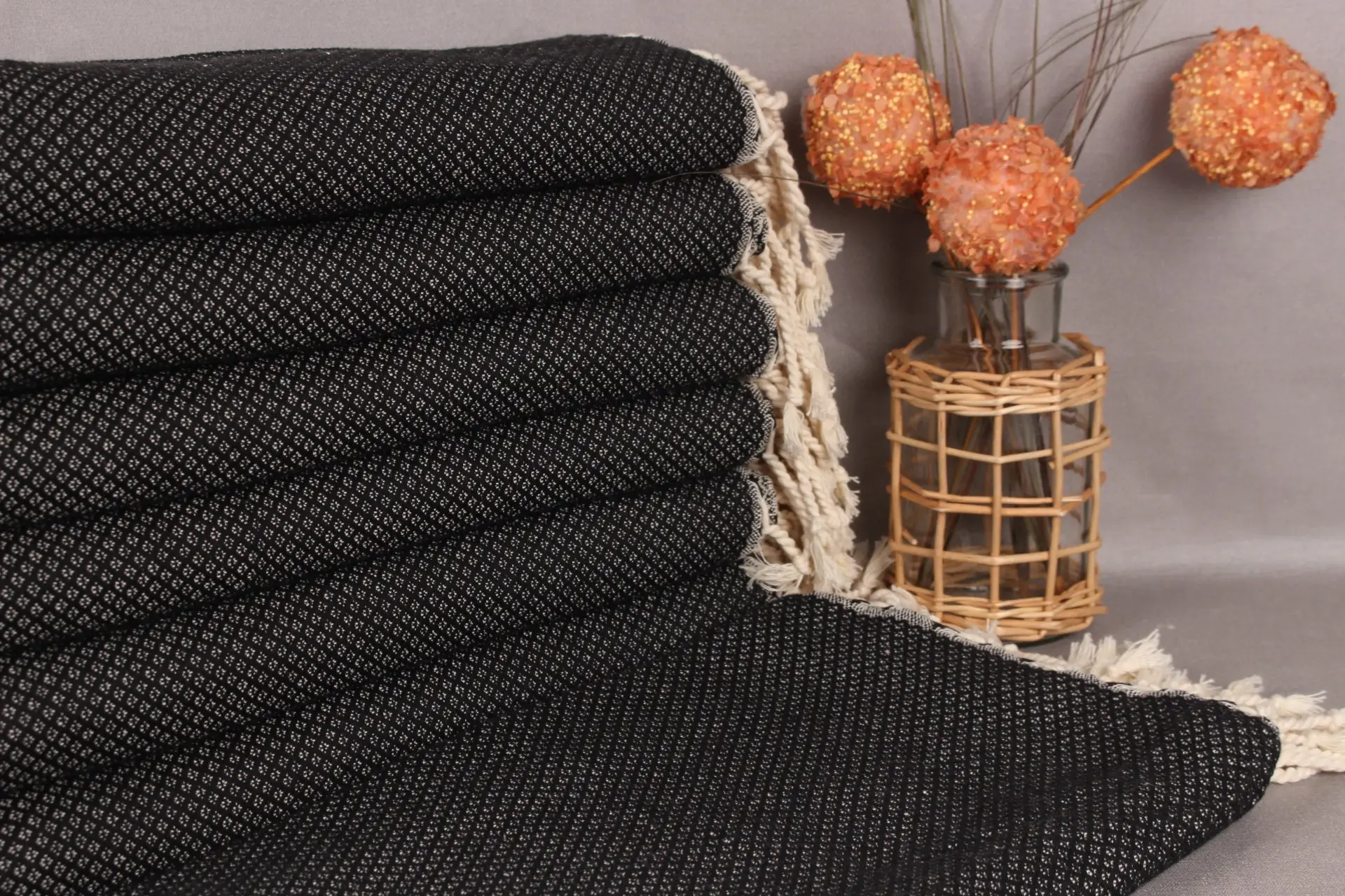 Gift Handmade Black Cotton Towel Geometric, 38x63 Inches - 1