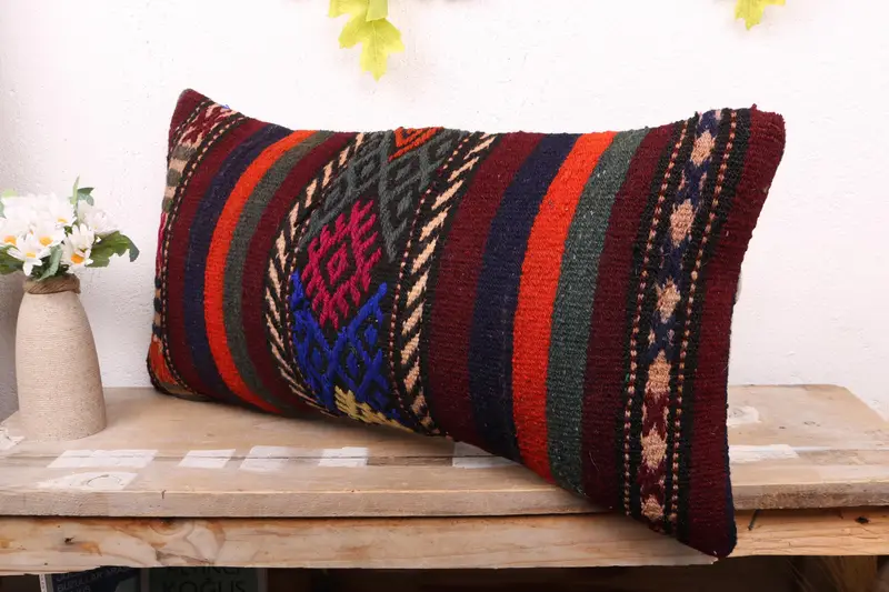 Chair Cushion Cover, Kilim Pillow, Pillow, Pillow for Sofa, 12x24 Red Cushion, Seat Pillow Cover, Kilim Cushion Sham, Crochet Pattern Pillow Case - 4
