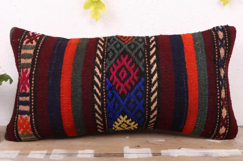 Chair Cushion Cover, Kilim Pillow, Pillow, Pillow for Sofa, 12x24 Red Cushion, Seat Pillow Cover, Kilim Cushion Sham, Crochet Pattern Pillow Case - 2