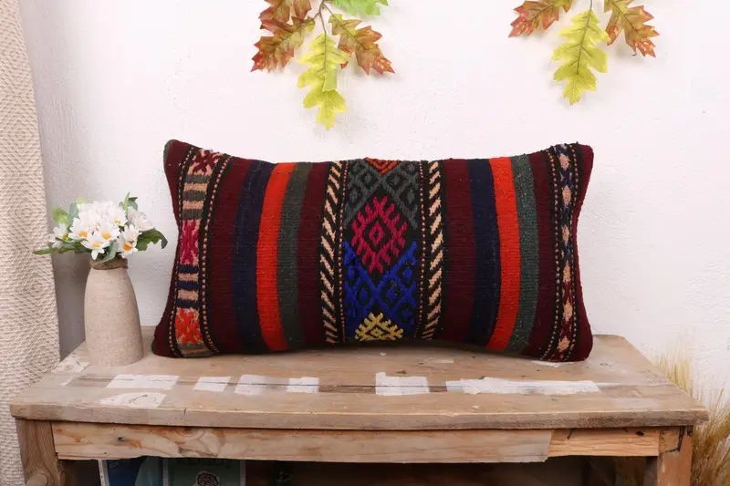 Chair Cushion Cover, Kilim Pillow, Pillow, Pillow for Sofa, 12x24 Red Cushion, Seat Pillow Cover, Kilim Cushion Sham, Crochet Pattern Pillow Case - 1