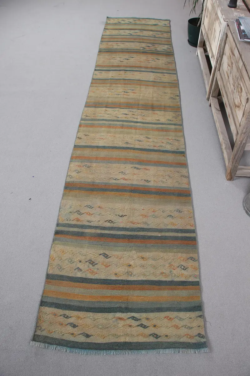 Green Rug, 2,4x11,2 ft Geometric Floral Design