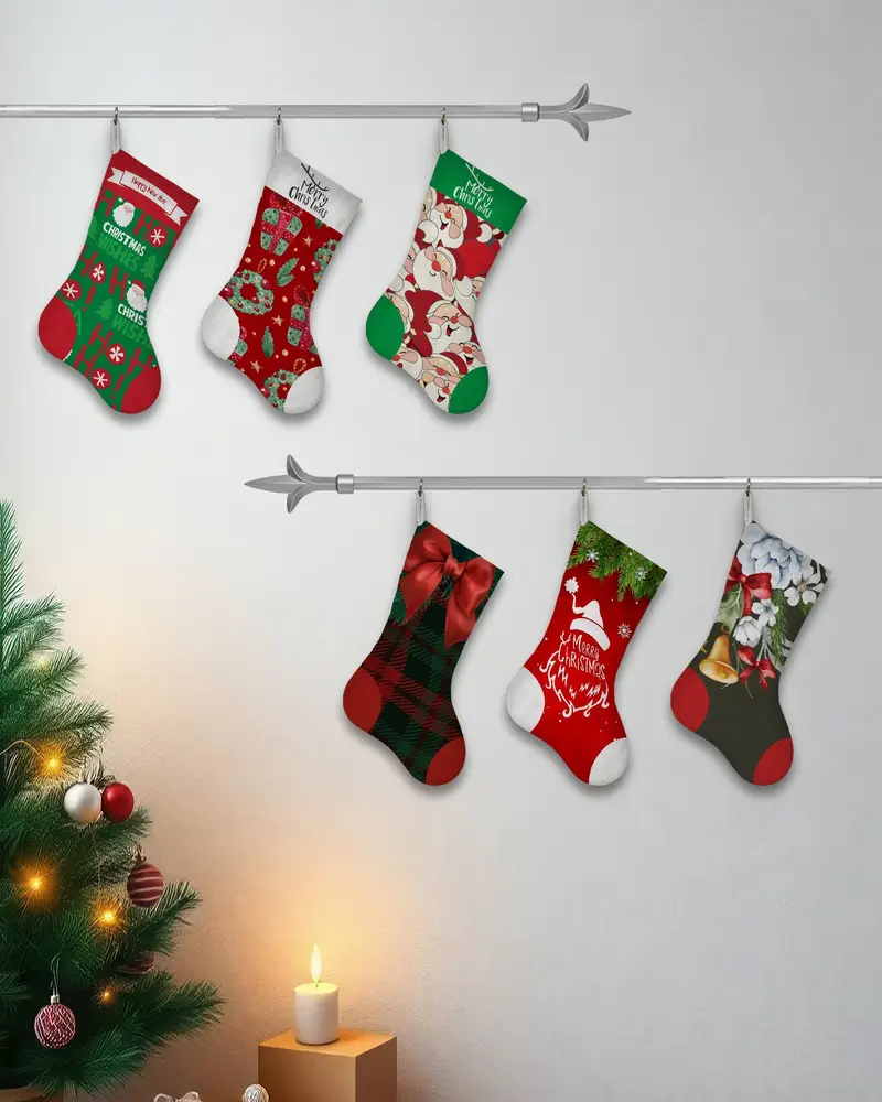 赤と白のクリスマスオーナメントストッキング、幅13インチのコットンストッキング