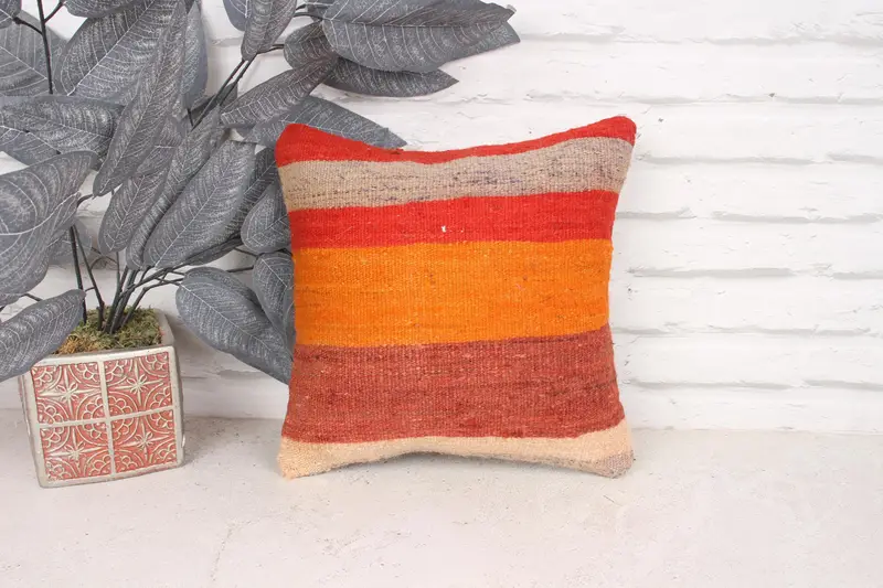 Cushion Case, Natural Pillow Case, Interior Designer Pillow, 12x12 Orange Cushion Cover, Boho Chic Pillow Case, Kilim Pillow, Pillow for Couch - 1