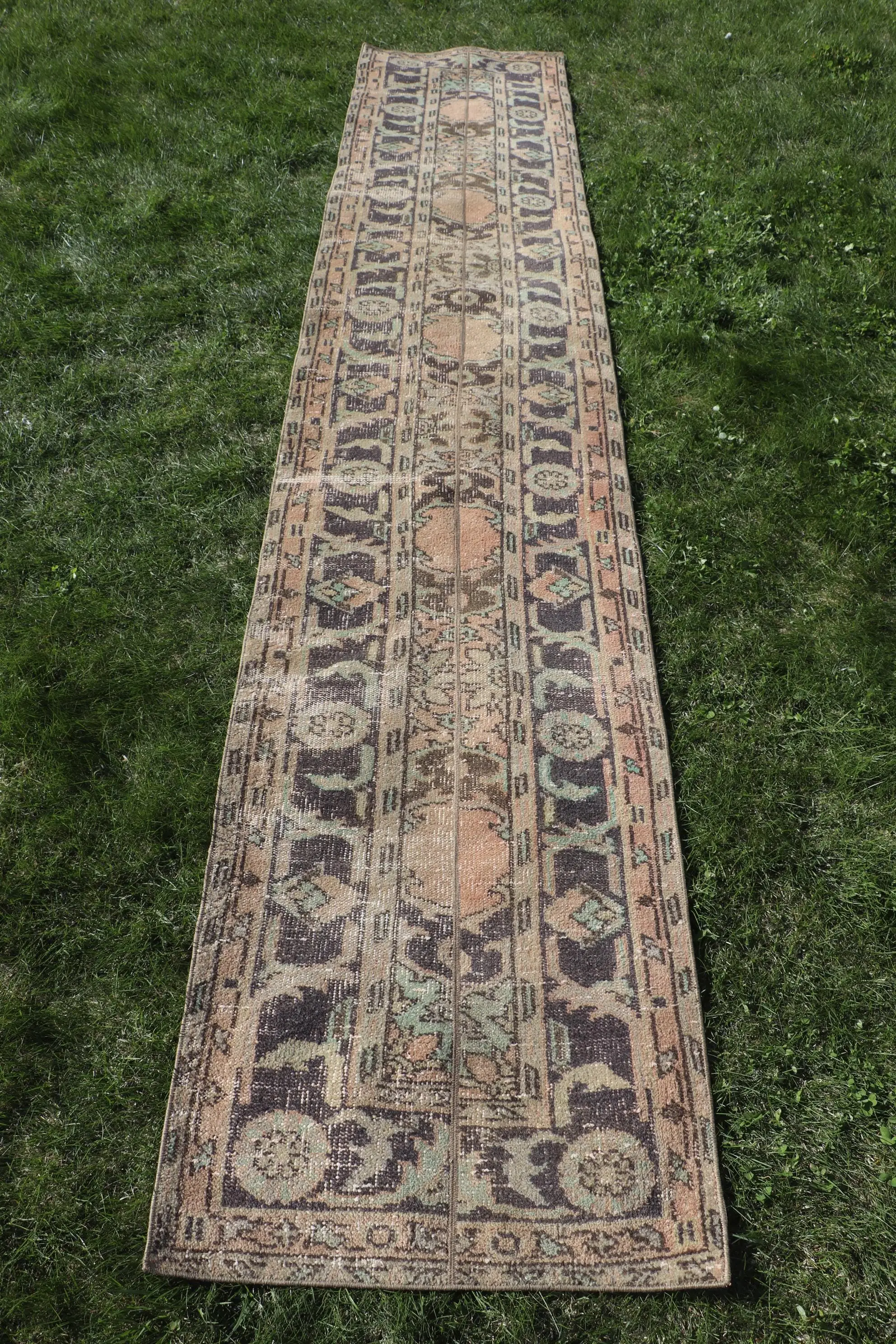 Turkish Runner Rug 2.2x11.9 ft (68x362 cm), Vintage Brown Check Rug - 1