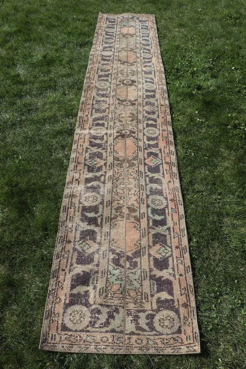 オレンジ&パープルチェックラグ、2.2x11.9フィートの鮮やかな装飾