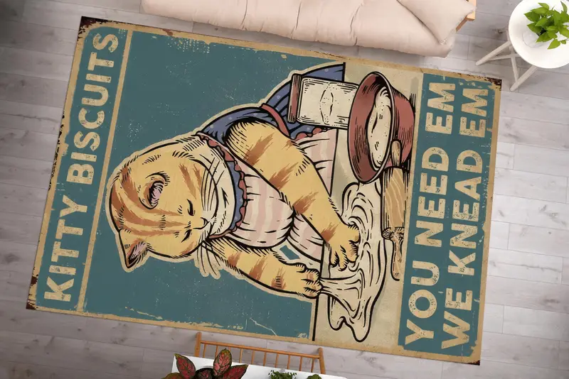 エレガントなプリントラグ：キッチンやカフェ用のかわいい猫のシェフデザイン。