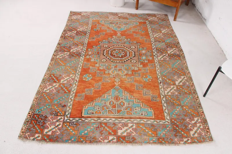 Handmade Orange & Blue Animal Print Rug, 0.4x6.8 ft