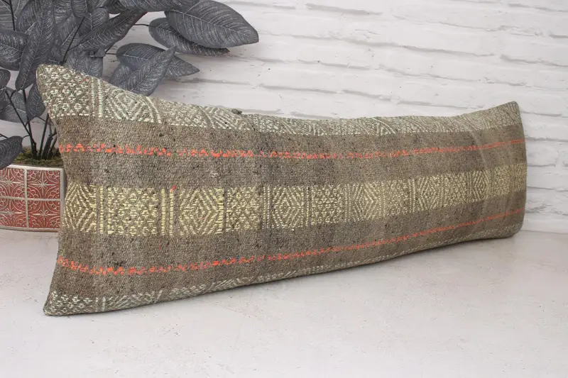 Ethnical Kilim Rug Pillow, Cushion, Toss Pillow, Turkish Kilim Pillow, Toss Cushion Case, Vintage Pillow, 12x36 Green Pillow Sham - 3
