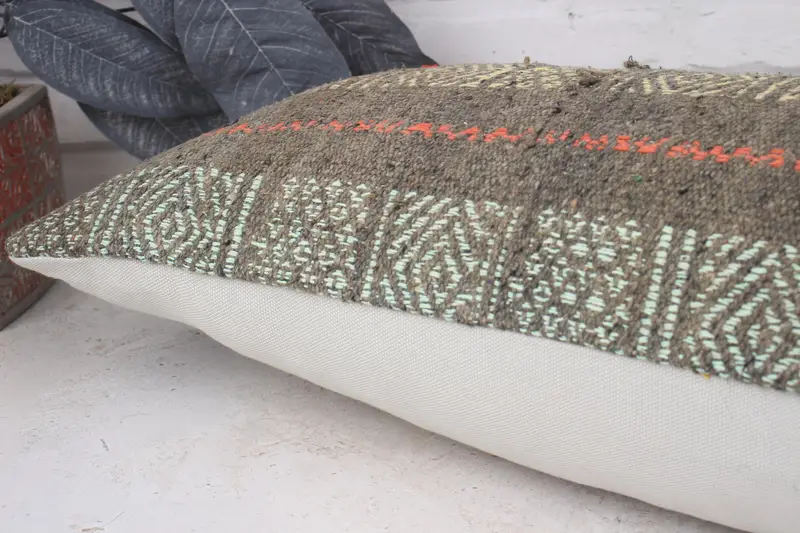 Ethnical Kilim Rug Pillow, Cushion, Toss Pillow, Turkish Kilim Pillow, Toss Cushion Case, Vintage Pillow, 12x36 Green Pillow Sham - 6