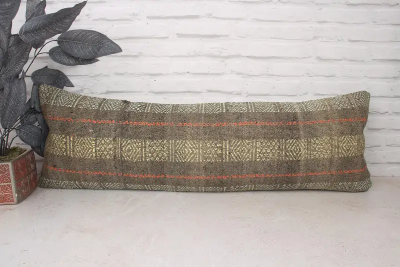 Ethnical Kilim Rug Pillow, Cushion, Toss Pillow, Turkish Kilim Pillow, Toss Cushion Case, Vintage Pillow, 12x36 Green Pillow Sham - 1