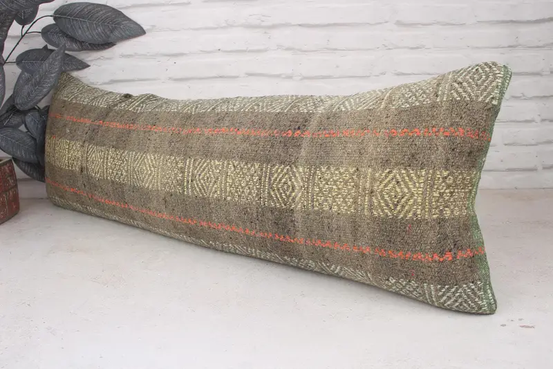 Ethnical Kilim Rug Pillow, Cushion, Toss Pillow, Turkish Kilim Pillow, Toss Cushion Case, Vintage Pillow, 12x36 Green Pillow Sham - 4