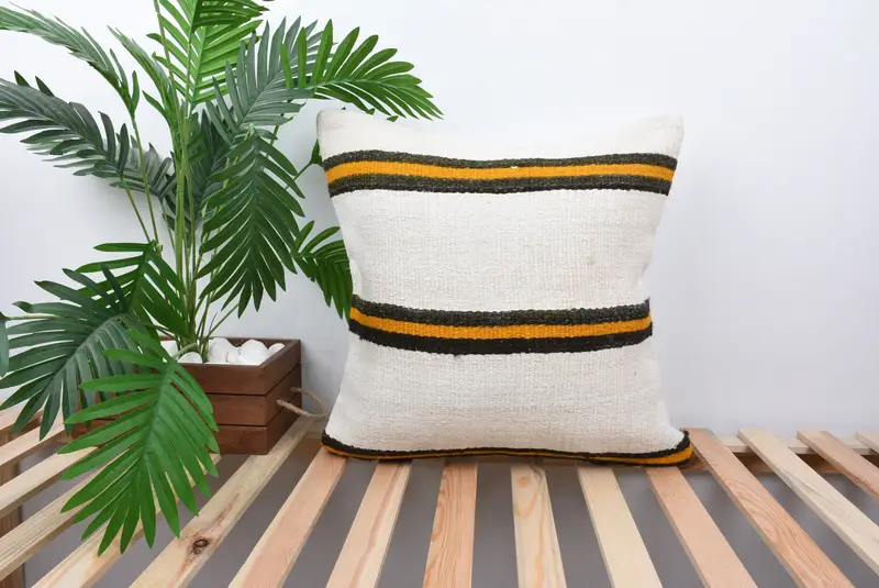 Pillow for Sofa, 20x20 White Cushion, Vintage Pillow, Pillow Sham, Shabby Chic Pillow Sham, Ethnical Kilim Rug Pillow, Patio Pillow Sham - 1
