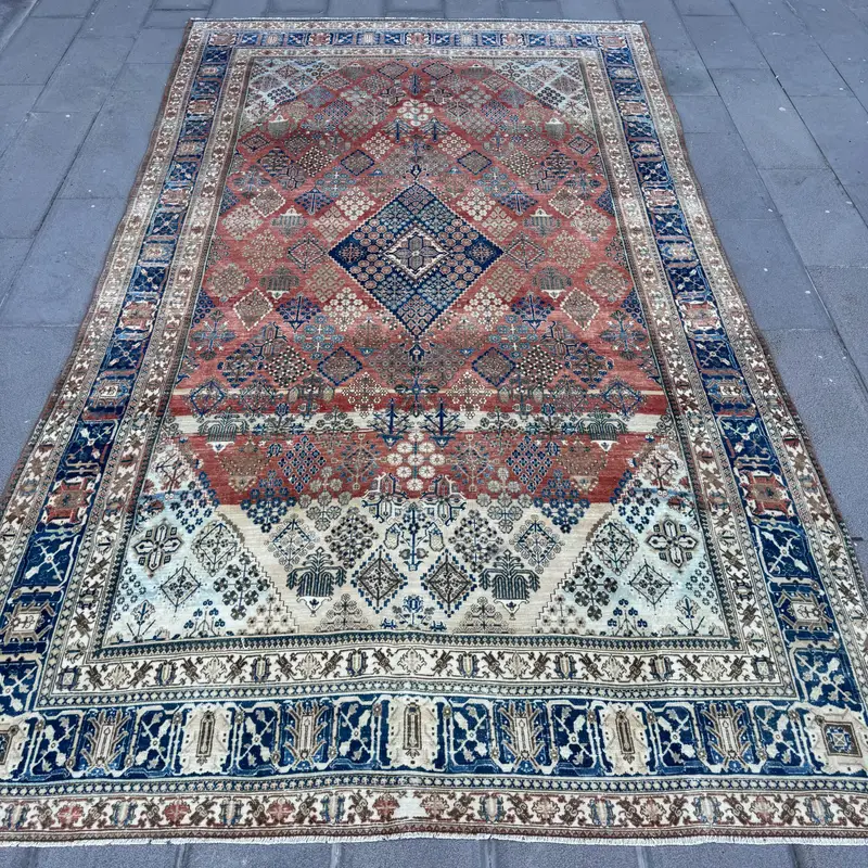 Vintage Rug, 7.3x12.6 ft Oversize Rug, Blue Red Oushak Wool Rug - 1