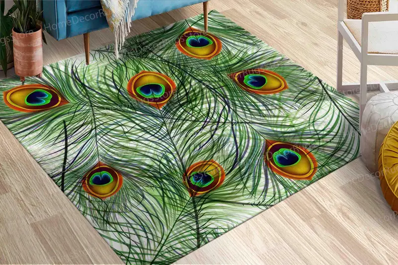 孔雀の羽プリントラグ: モダン、トレンディ、カラフルなデザイン
