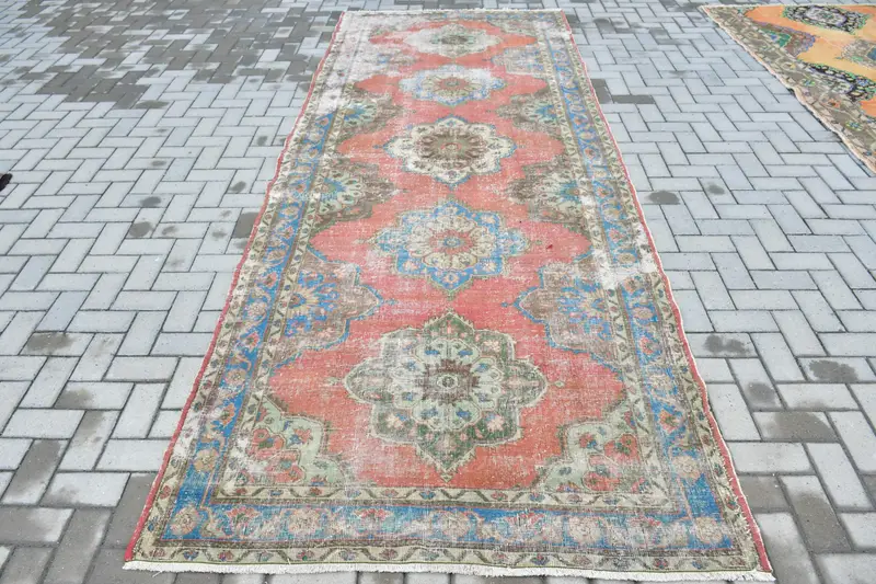 Vintage Türkischer Teppich 4,8x12,6 ft (145x384 cm), Oushak Roter Wollteppich - 1