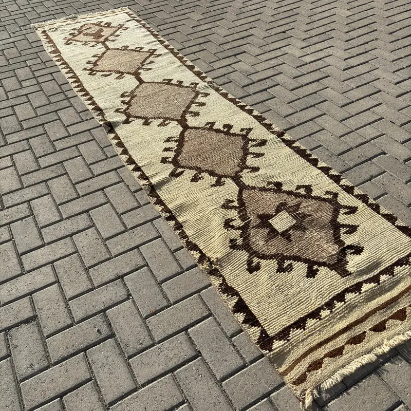 2,6x11,3 ft türkischer Vintage-Teppich, Läuferteppich, Herki-brauner Wollteppich - 1