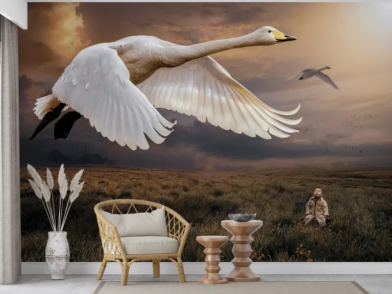 エレガントなコウノトリと赤ちゃんの抽象的なモダンな農家のプリント壁紙