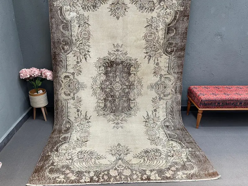 Turkish Large Rug, 5.8x9.5 ft Vintage Rug, Brown Solid Wool Rug - 1