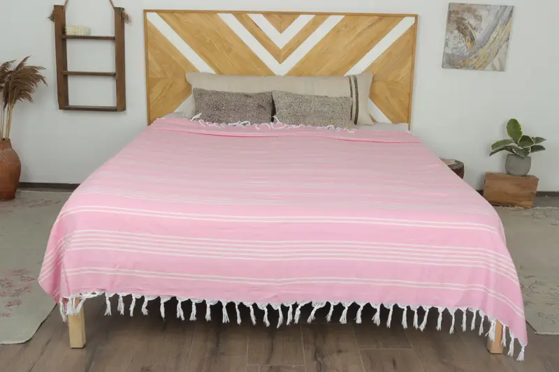 Grandma Gift, Custom Shower Curtain, Bedspread, Boho Throw Blankets, Turkish Cotton Blanket, Housewarming Gift, 96x70 Cotton Striped Towel - 1