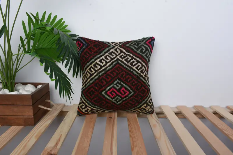 14x14 Red Pillow Case, Bed Cushion Case, Boho Pillow Sham Cover, Wool Kilim Pillow Pillow Cover, Boho Pillow, Pillow, Throw Kilim Pillow - 1