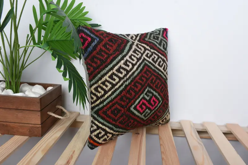 14x14 Red Pillow Case, Bed Cushion Case, Boho Pillow Sham Cover, Wool Kilim Pillow Pillow Cover, Boho Pillow, Pillow, Throw Kilim Pillow - 4