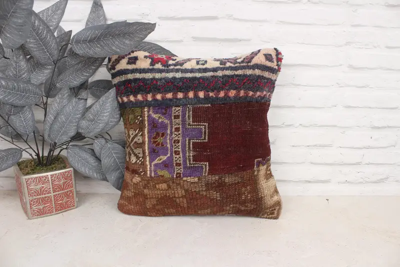 Ethnical Kilim Rug Pillow, 16x16 Purple Cushion Cover, Boho Pillow, Decorative Throw Pillow, Decorative Cushion, Vintage Kilim Pillow, Cushion Cover - 1