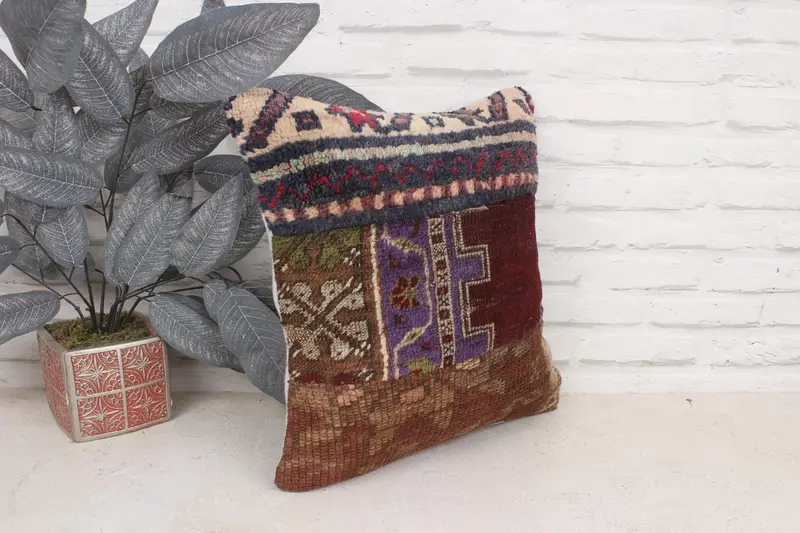 Ethnical Kilim Rug Pillow, 16x16 Purple Cushion Cover, Boho Pillow, Decorative Throw Pillow, Decorative Cushion, Vintage Kilim Pillow, Cushion Cover - 3