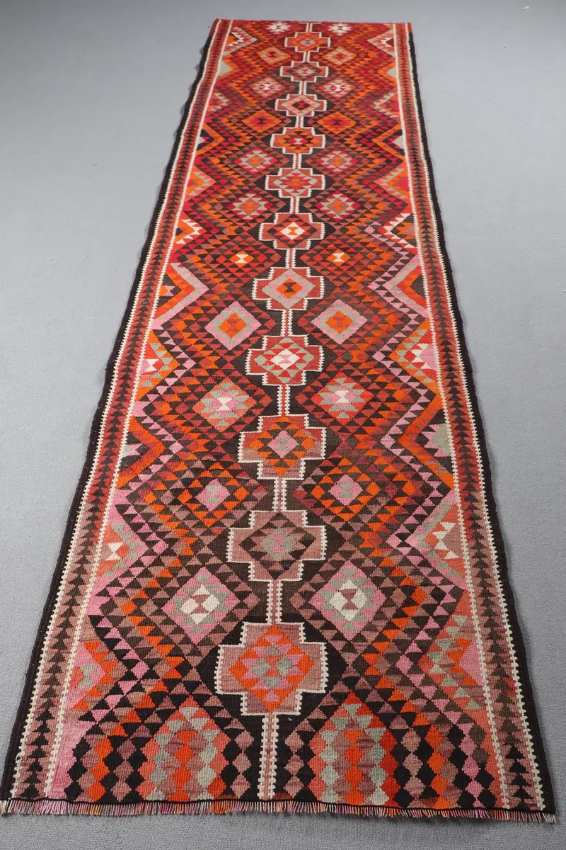 Orange and Brown Rug, 3,2x10,6 ft Floral and Geometric