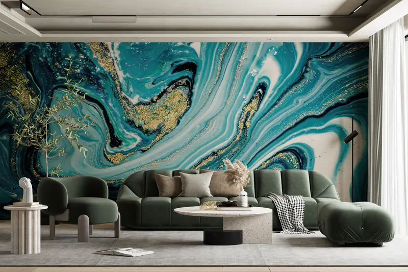 Shimmery Wall Painting, Blue Marble Wall Poster, , Wall Paper Peel and Stick, Custom Wall Paper, Modern Wall Paper, Marble Wall Painting, - 1