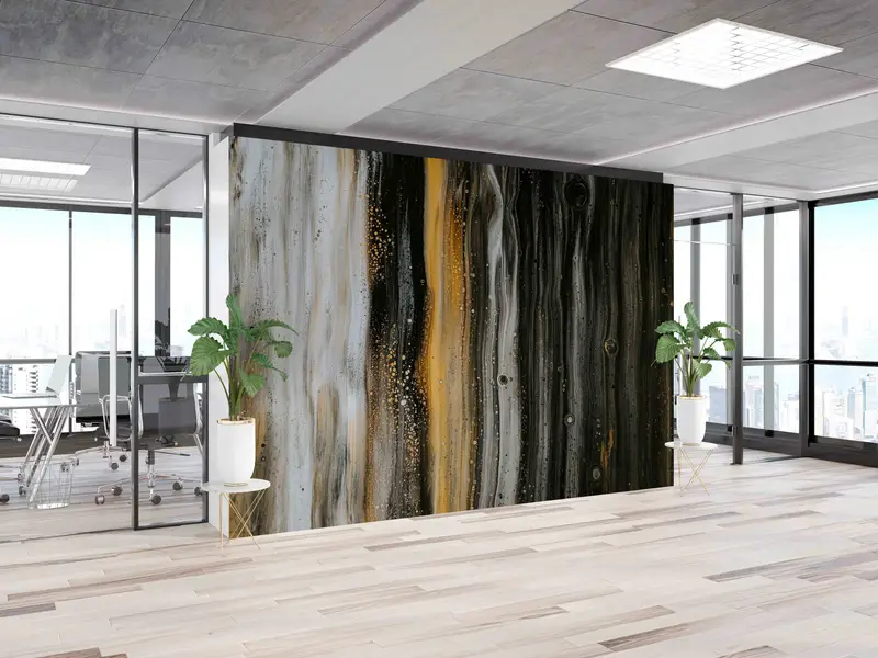 Zeitgenössische schwarz-abstrakte, moderne Ölgrau-Gelbgold-schimmernde Tapete