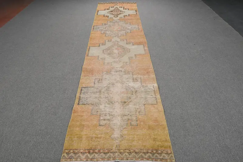 Alfombra turca de 2,7x11,8 pies, alfombra Oushak, lana de alfombra con bordes amarillos - 1