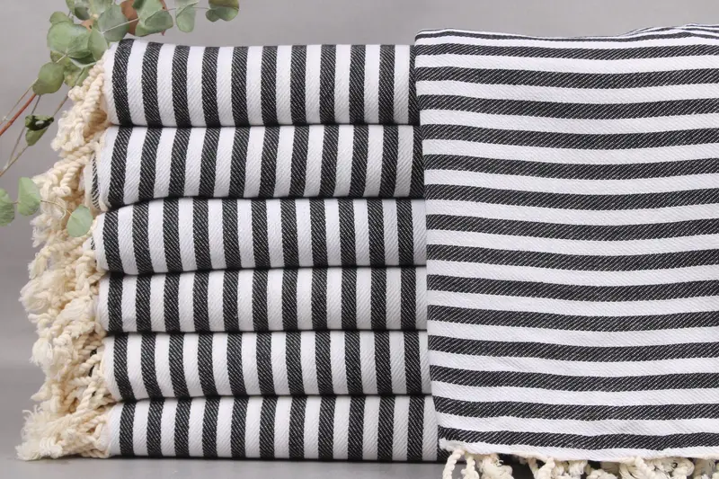 Turkish Bath Towel Personalized Black with Beige Stripes, 40x76 Inches