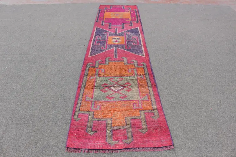 Alfombra Vintage Runner 2.8x11.6 ft, alfombra turca de lana de lunares rojos Herki - 1