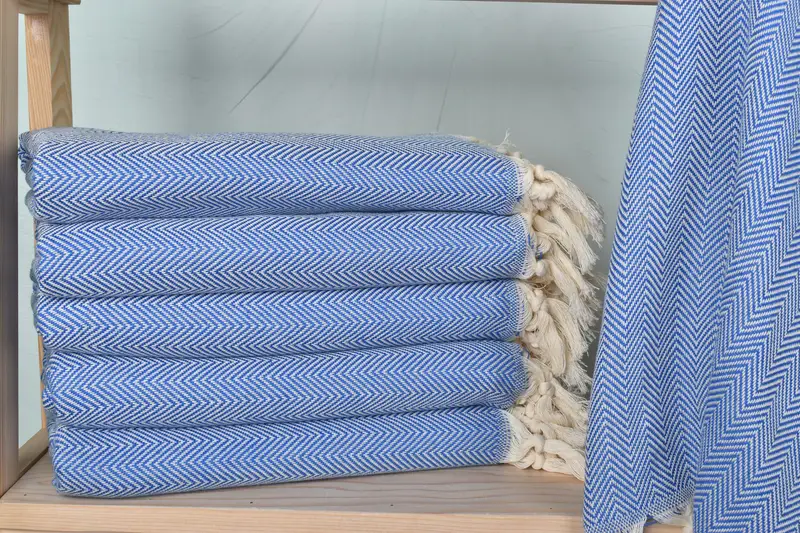 Monogram Turkish Bath Towel Blue Herringbone, 40x71 Inches