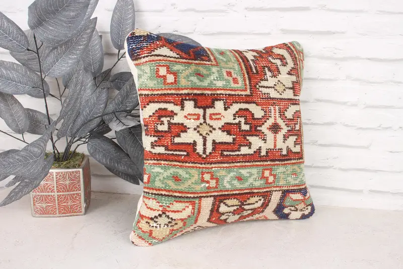 Bolster Throw Cushion Case, Pillow Cover, Tapestry Pillow Case, Handmade Kilim Cushion, Boho Pillow, 16x16 Red Pillow Case, Kilim Pillow - 3
