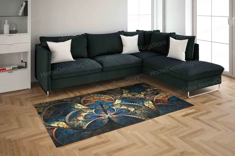 Fraktal Altın Pırıltılı Baskılı Vitray Mozaikli Halı