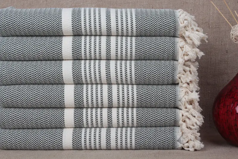 Turkish Beach Towel Organic Cotton Khaki Green Stripes, 40x71 Inches