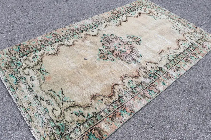 4.6x8 ft Halı, Türk Vintage Halısı, Oushak Yeşil Kamuflaj Halısı - 1