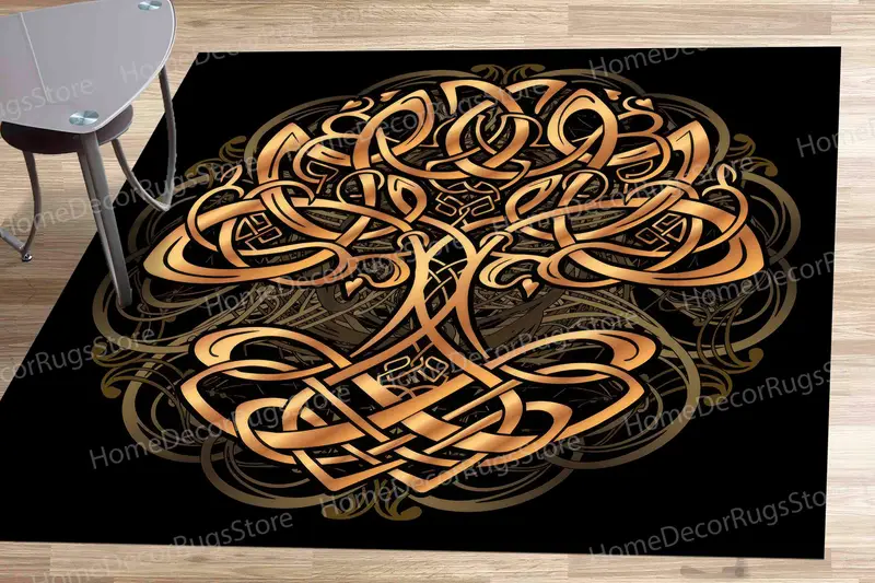 エレガントなゴールド & ブラック サークル プリント ラグ - トレンディな抽象デザイン