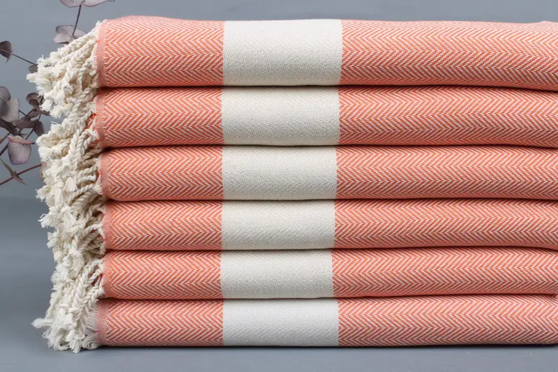 Turkish Beach Towel Organic Cotton Chevron Orange, Beige, 40x71 Inches