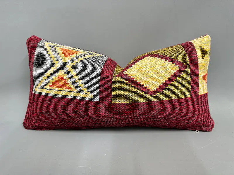 Rotes und grünes Kelimkissen, 12x24 handgemachtes Wurfkissen