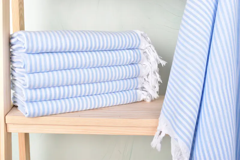 Beach Towel Monogrammed Turkish Organic Cotton/Linen Light Blue Stripes, 36x67 Inches