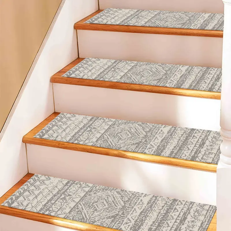 Gray Beige Kilim Design Aztec Ethnic Pattern Printed Stair Rug