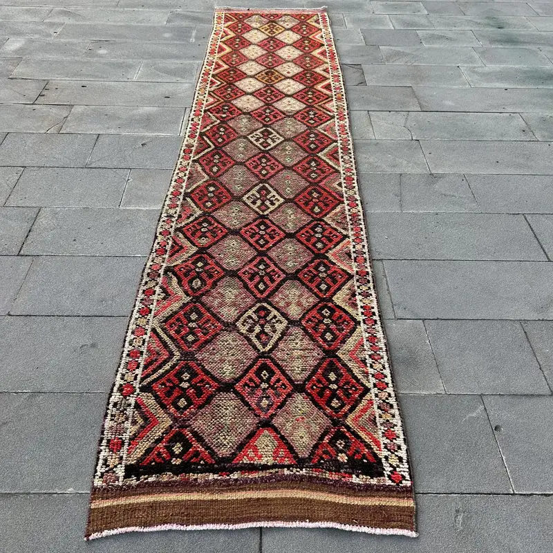 2.8x12.5 ft Vintage Runner Rug, Turkish Red Oriental Rug - 1