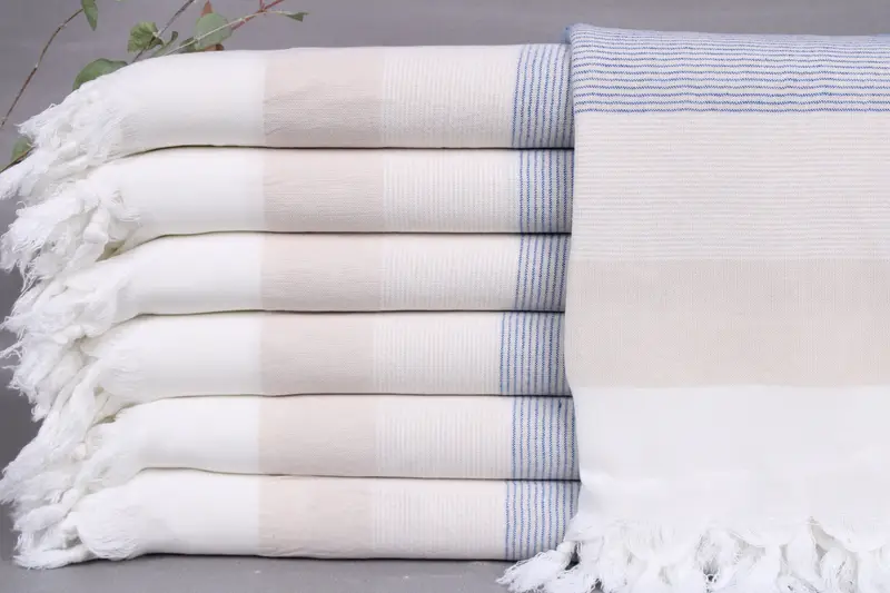 Turkish Towels Beach Cream-Sax Blue Striped, 40x67 Inches