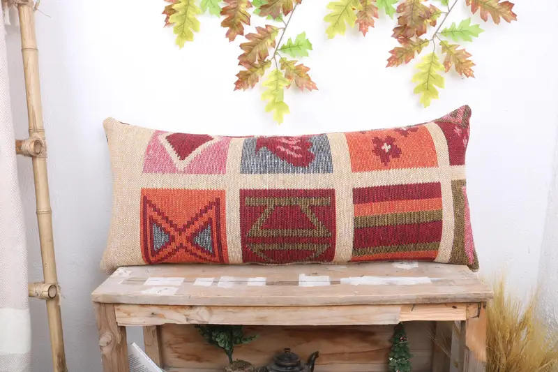 Ikat Pillow, Antique Pillows, Cushion Cover, Turkish Kilim Pillow, Wholesale Cushion, Gift Pillow, 16x36 Beige Cushion, Turkish Bench Pillow Cover - 1