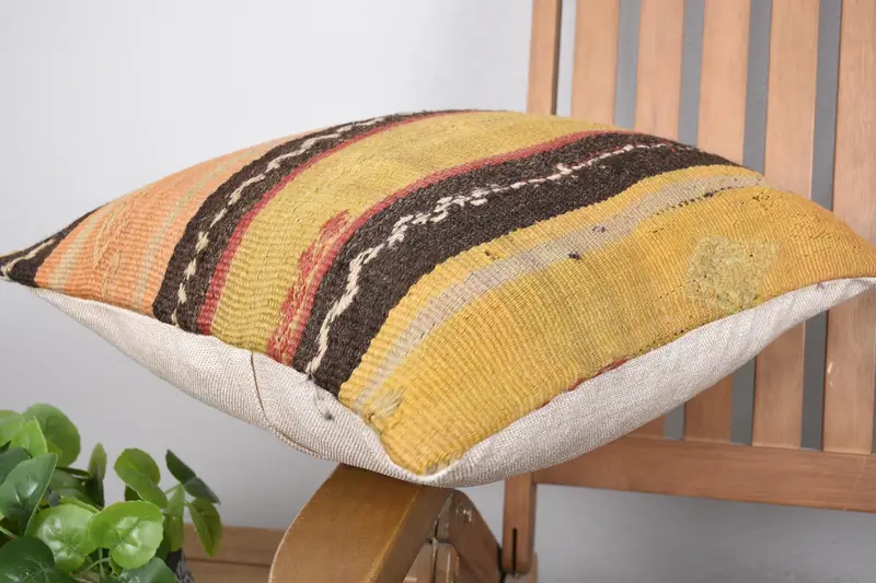 Ethnical Kilim Rug Pillow, Chair Cushion Case, Vintage Kilim Throw Pillow, Pillow Case, 18x18 Yellow Pillow, Home Decor Pillow, Pet Cushion - 6