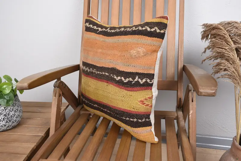 Ethnical Kilim Rug Pillow, Chair Cushion Case, Vintage Kilim Throw Pillow, Pillow Case, 18x18 Yellow Pillow, Home Decor Pillow, Pet Cushion - 3