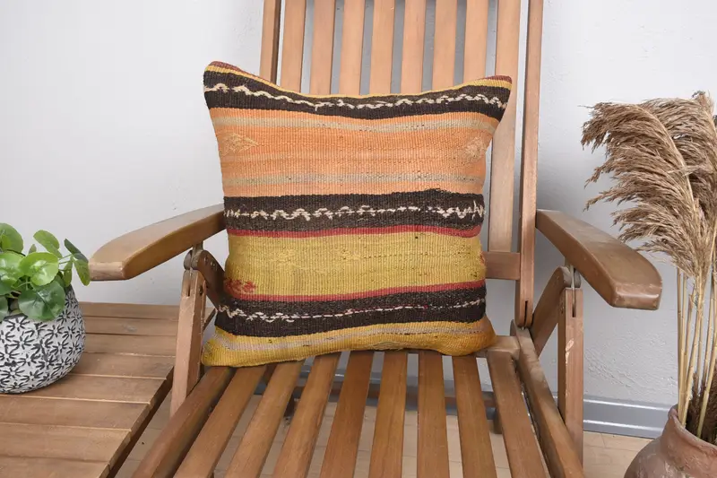 Ethnical Kilim Rug Pillow, Chair Cushion Case, Vintage Kilim Throw Pillow, Pillow Case, 18x18 Yellow Pillow, Home Decor Pillow, Pet Cushion - 1