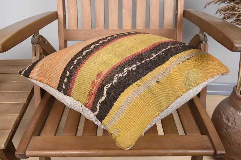 Ethnical Kilim Rug Pillow, Chair Cushion Case, Vintage Kilim Throw Pillow, Pillow Case, 18x18 Yellow Pillow, Home Decor Pillow, Pet Cushion - 4